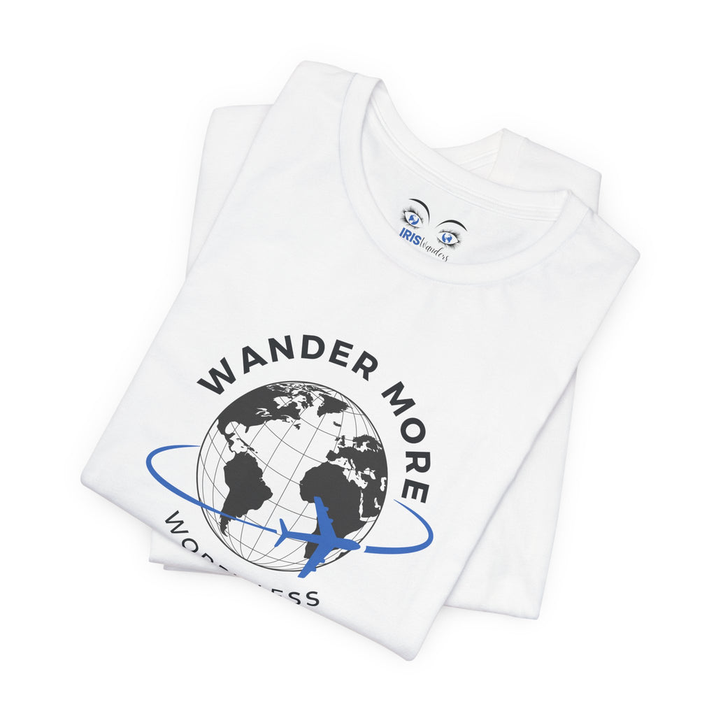 White sleeveless shirt with 'Wander More' design on a white background