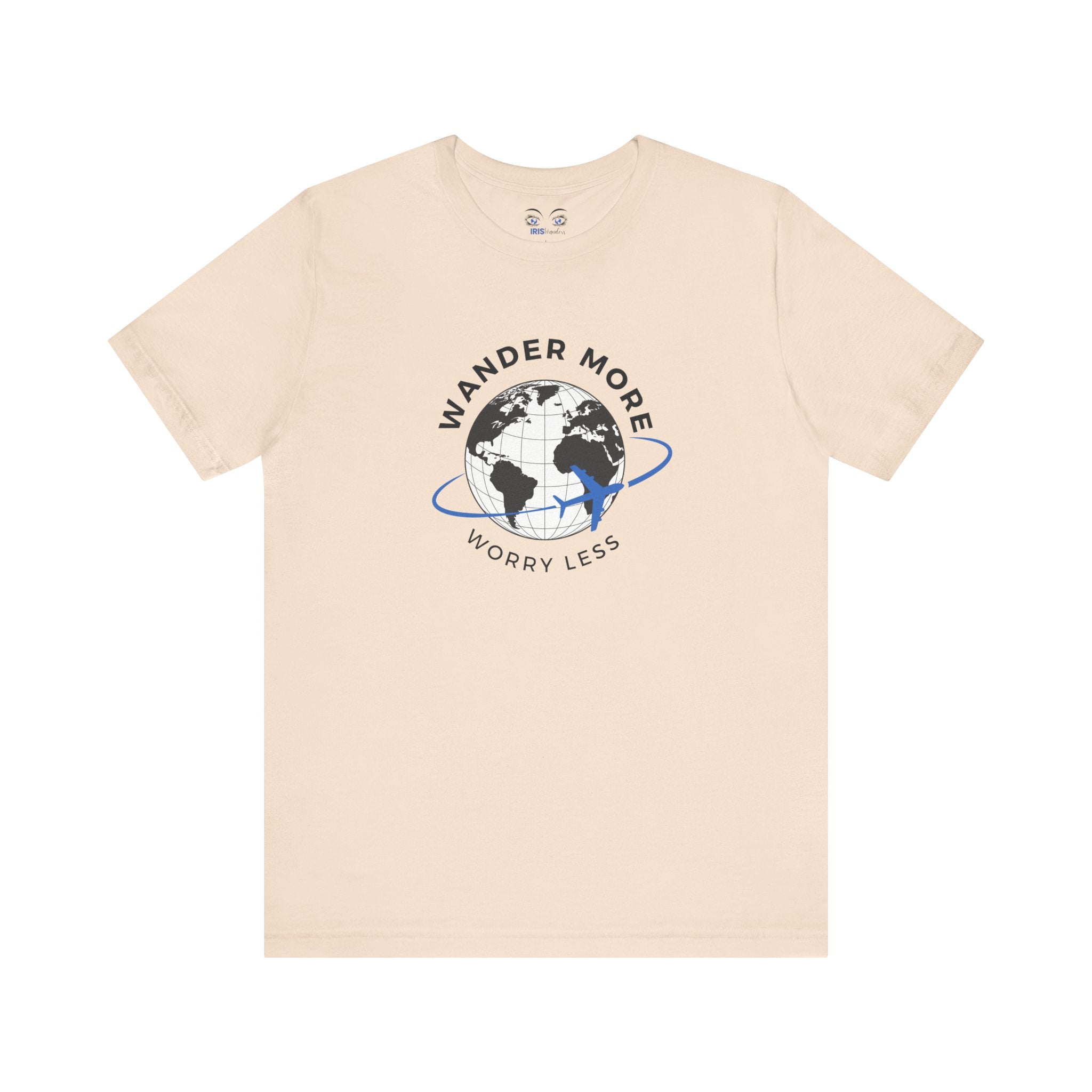 Beige t-shirt with a graphic of a globe and text 'Wander More, Worry Less' on a white background