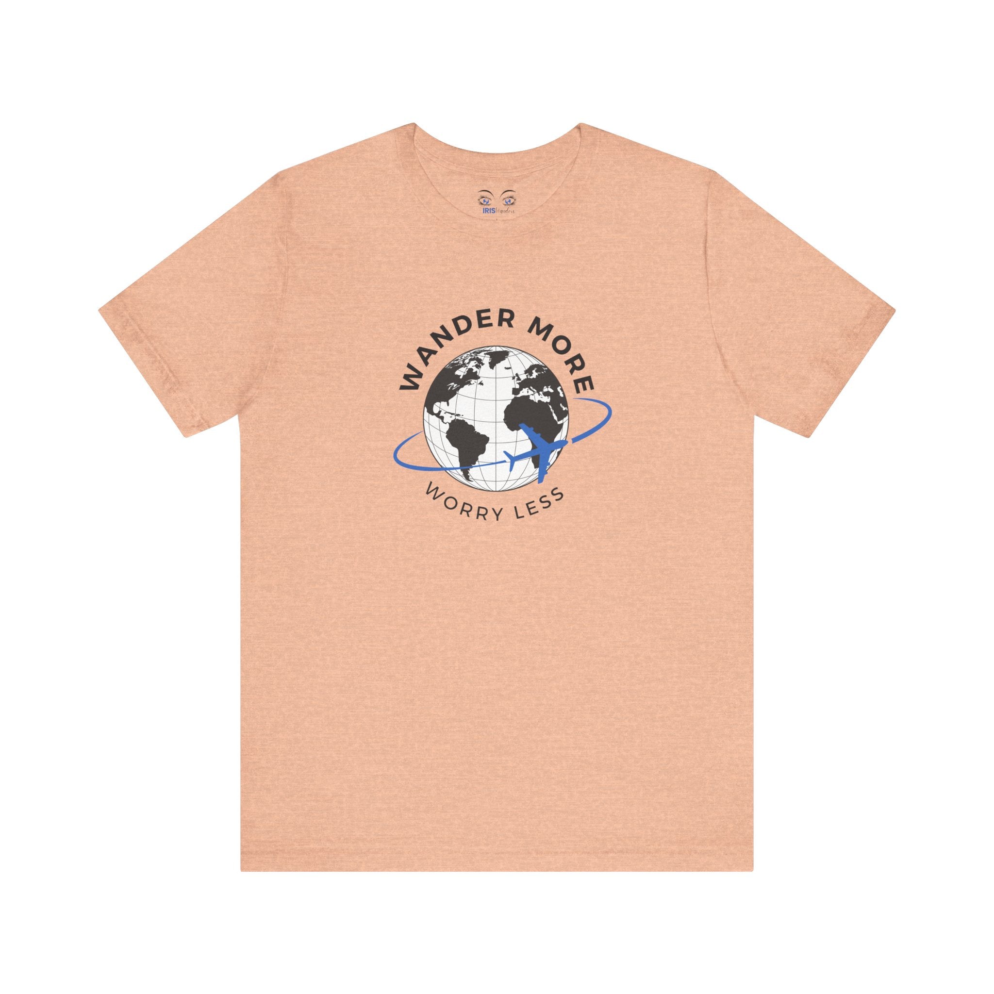 Beige t-shirt with a graphic of a globe and text 'Wander More Worry Less' on a white background