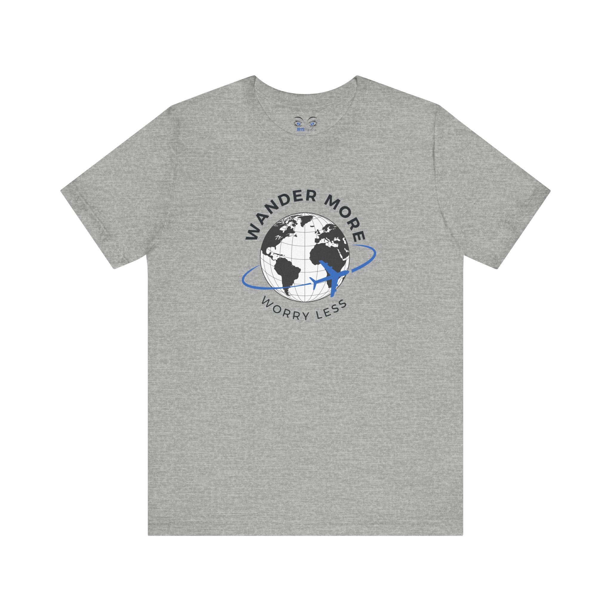 Gray t-shirt with a world map graphic and text 'Wander More Worry Less' on a white background