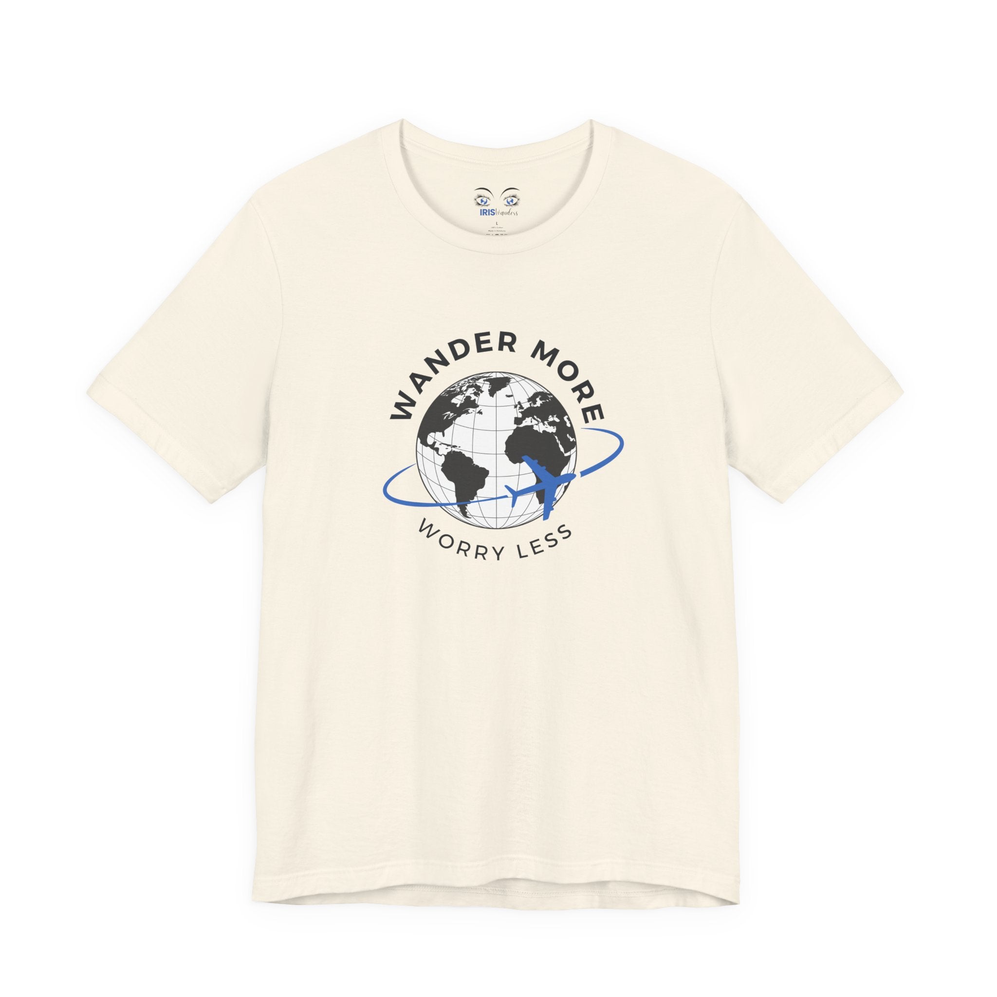 Beige t-shirt with a graphic of a globe and text 'Wander More, Worry Less' on a white background