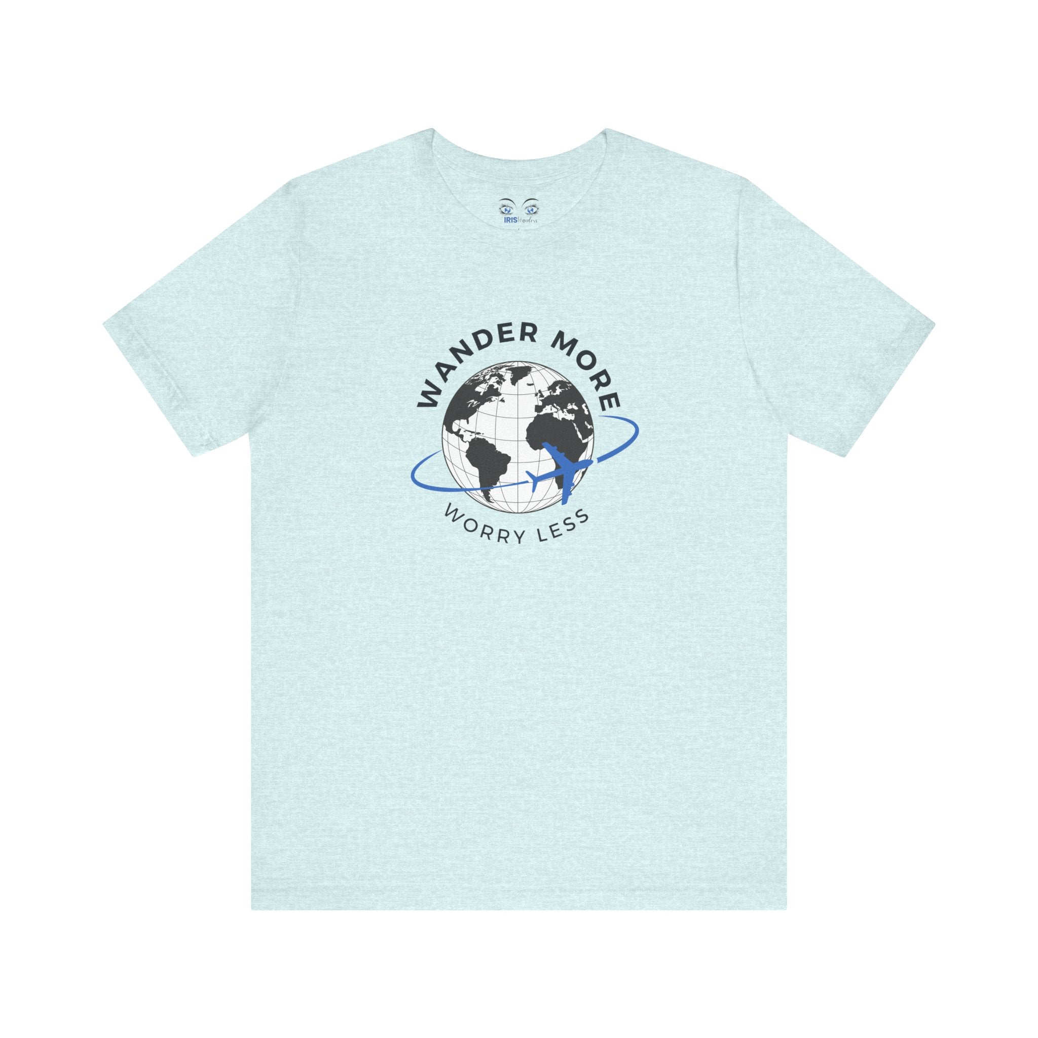 Light blue t-shirt with a world map graphic and text 'Wander More Worry Less' on a white background