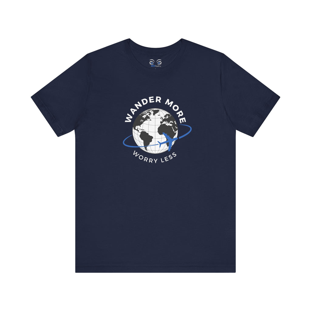 Navy blue t-shirt with a globe graphic and text 'Wander More Worry Less' on a white background