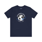 Navy blue t-shirt with a globe graphic and text 'Wander More Worry Less' on a white background