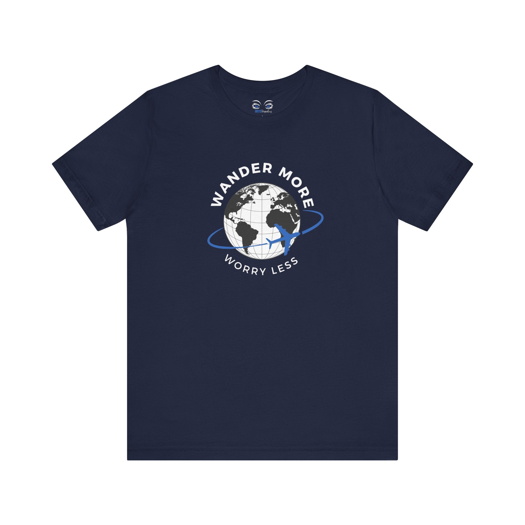 Navy blue t-shirt with a globe graphic and text 'Wander More Worry Less' on a white background