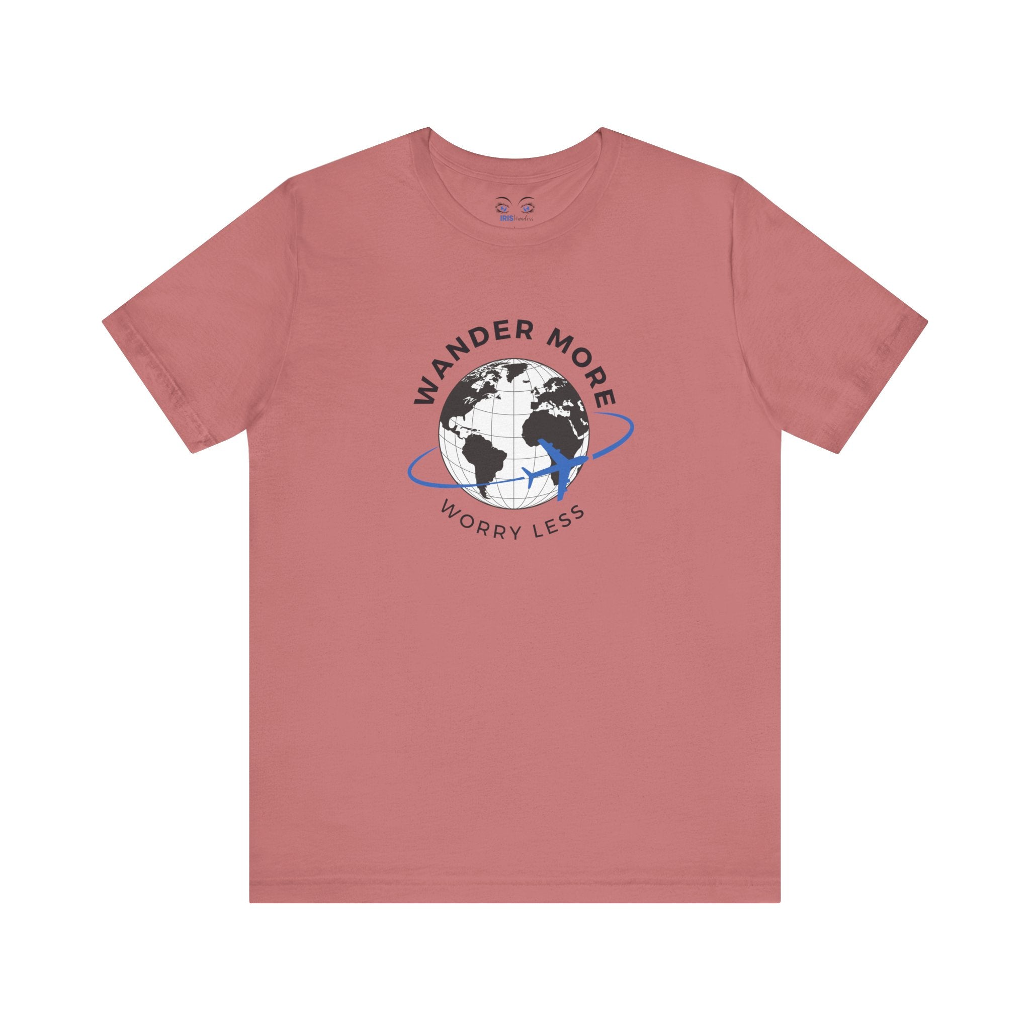 Pink t-shirt with a globe graphic and text 'Wander More, Worry Less' on a white background