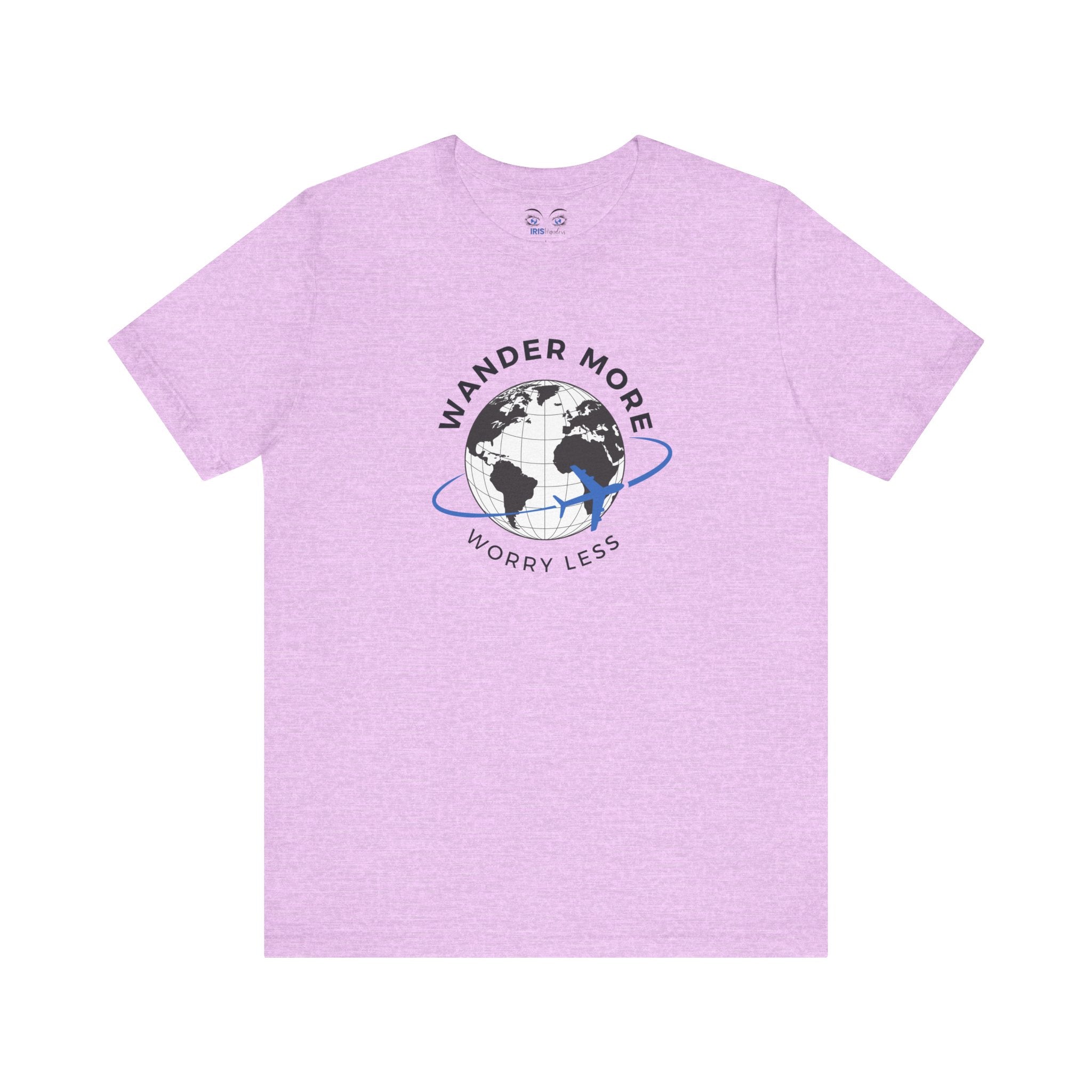 Purple t-shirt with a globe graphic and text 'Wander More, Worry Less' on a white background