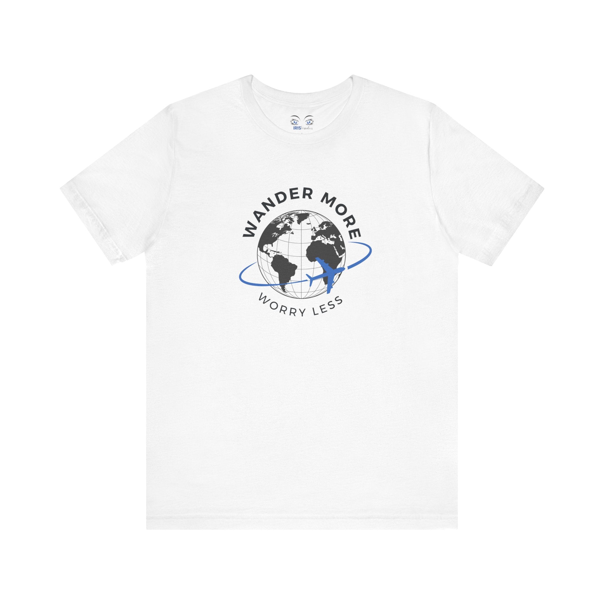 White t-shirt with a globe graphic and 'Wander More, Worry Less' text on a white background